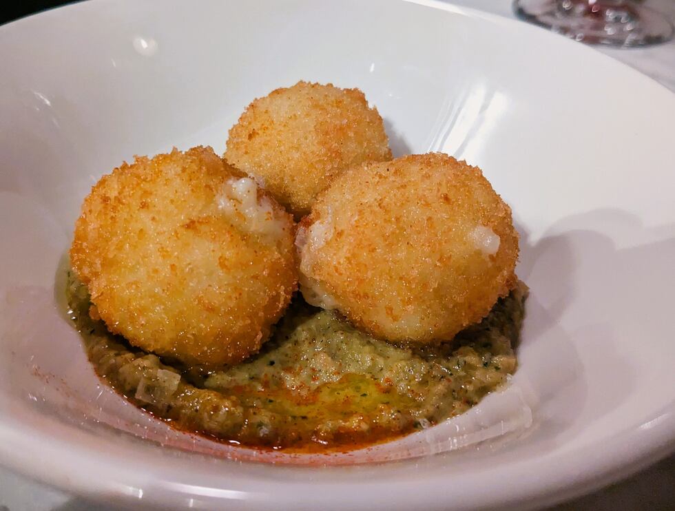 Mini, fried cheese balls paired with serrano ham and a lovely, spicy pepper jam.