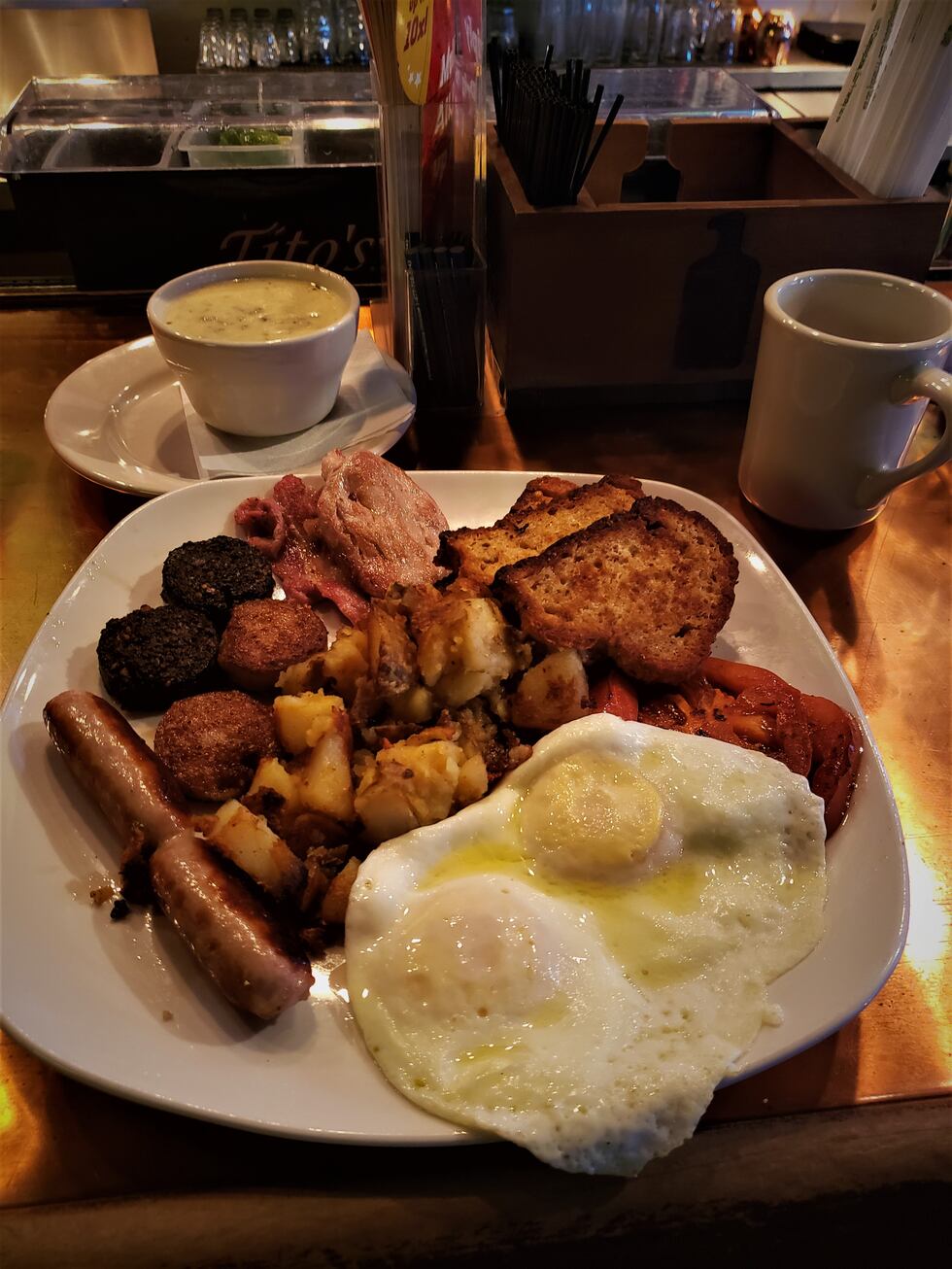 Everything you need on one plate, eggs, bangers, white and black pudding, rashers, tomatoes...