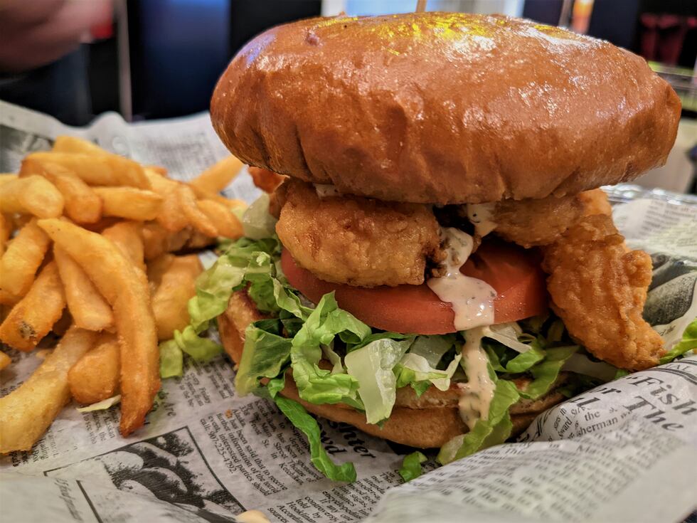 Your classic po'boy, on a bun! Big, juicy, fried jumbo shrimp are the star of the show here.