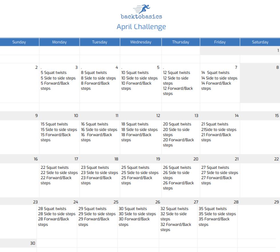 Calendar for the Get Fit with 6: April challenge