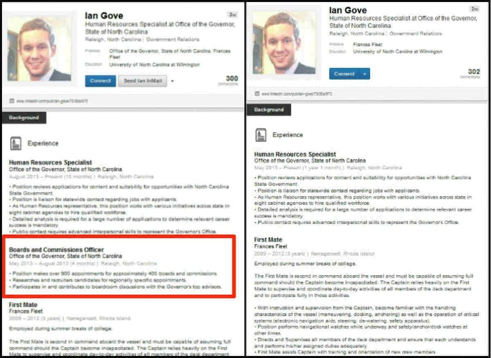 Shortly after WECT reached out to the governor's office, Gove's LinkedIn resume had been...