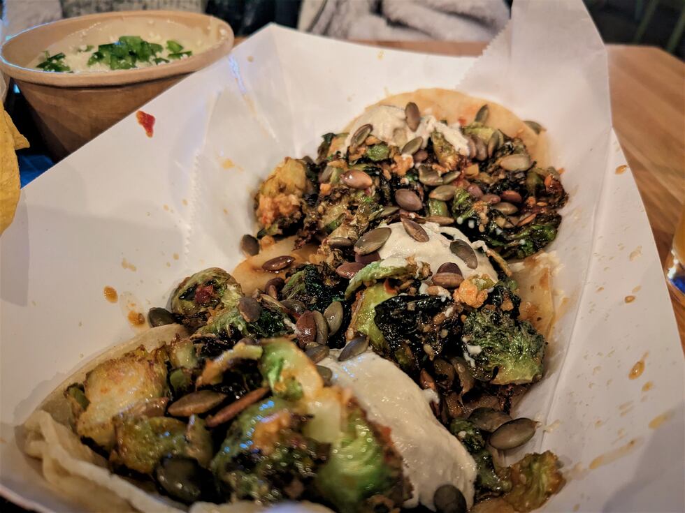 Beat Street's Brussels Sprouts Tacos are loaded with pepitas, salsa matca, and cashew crema,...