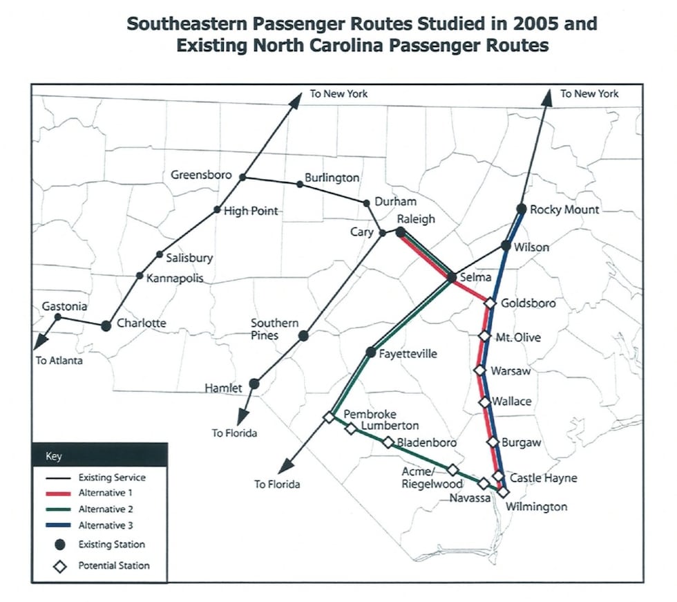 Study that happened in 2005, estimating that the Wilmington to Raleigh route to cost $180...