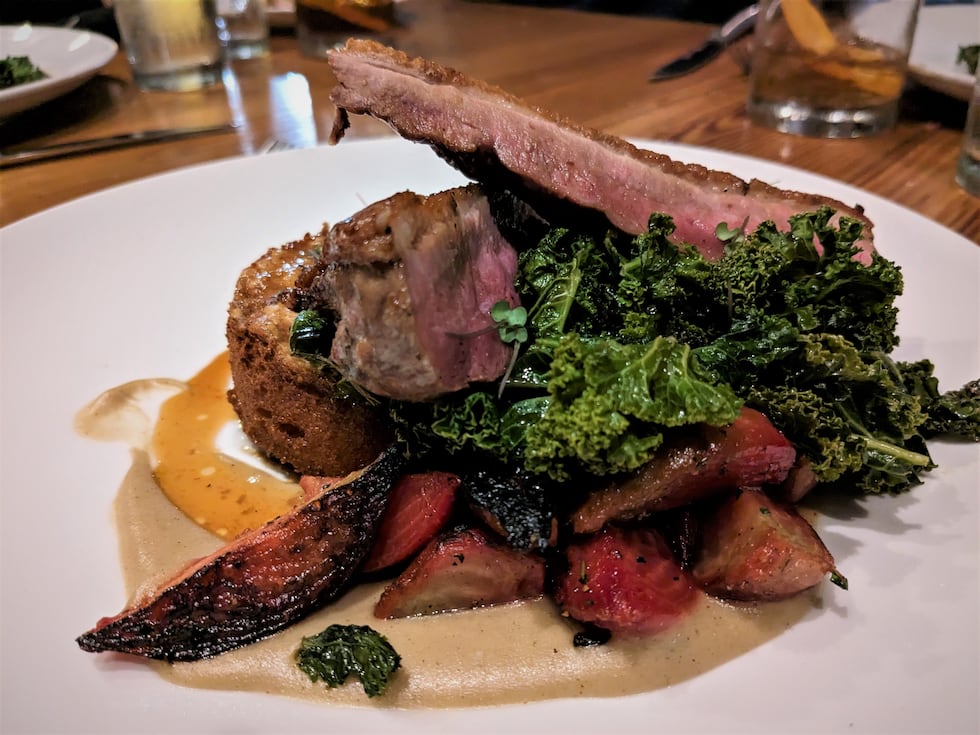 Perfectly cooked duck breast comes complete with the crunch of the duck skin, plus a polenta...