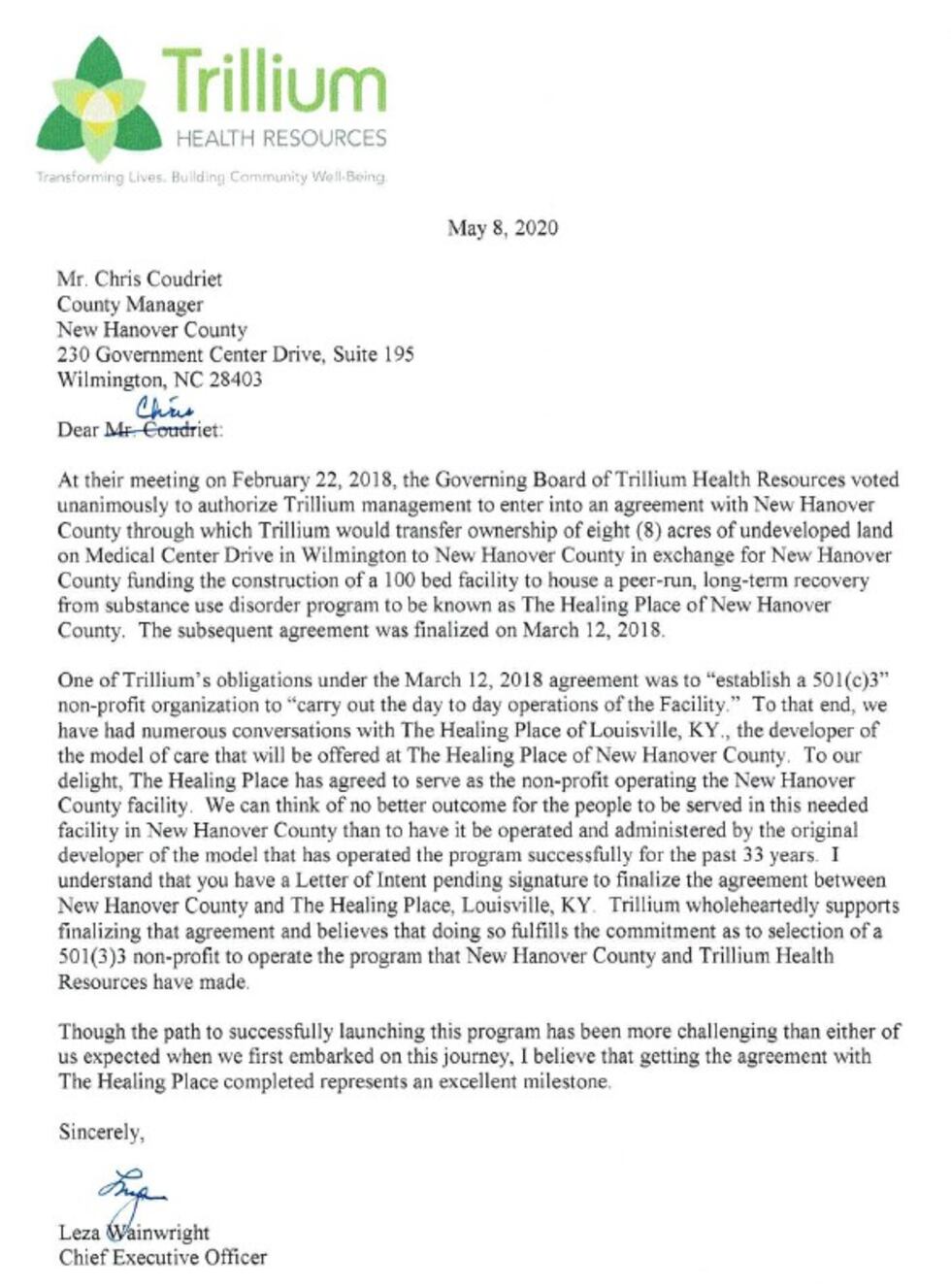 Letter sent by Trillium's CEO to County Manager Chris Coudriet