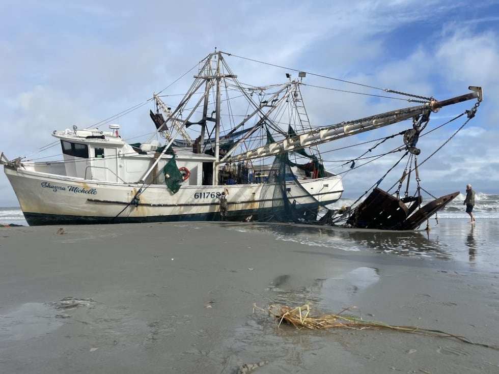 This shrimp boat washed ashore during Hurricane Ian.