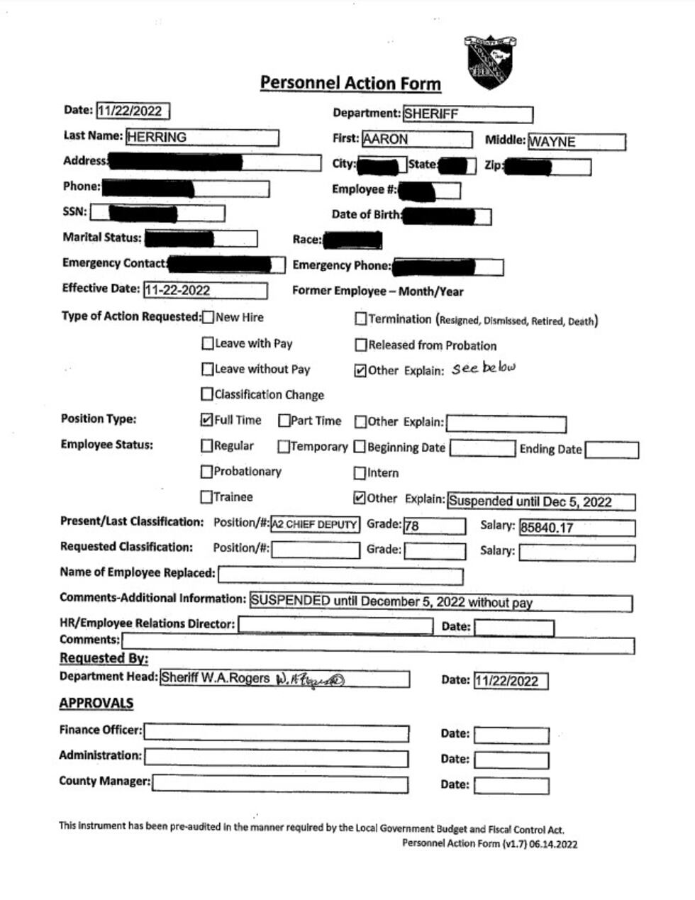 Documentation provided by Columbus County in reference to the suspension of Aaron Herring