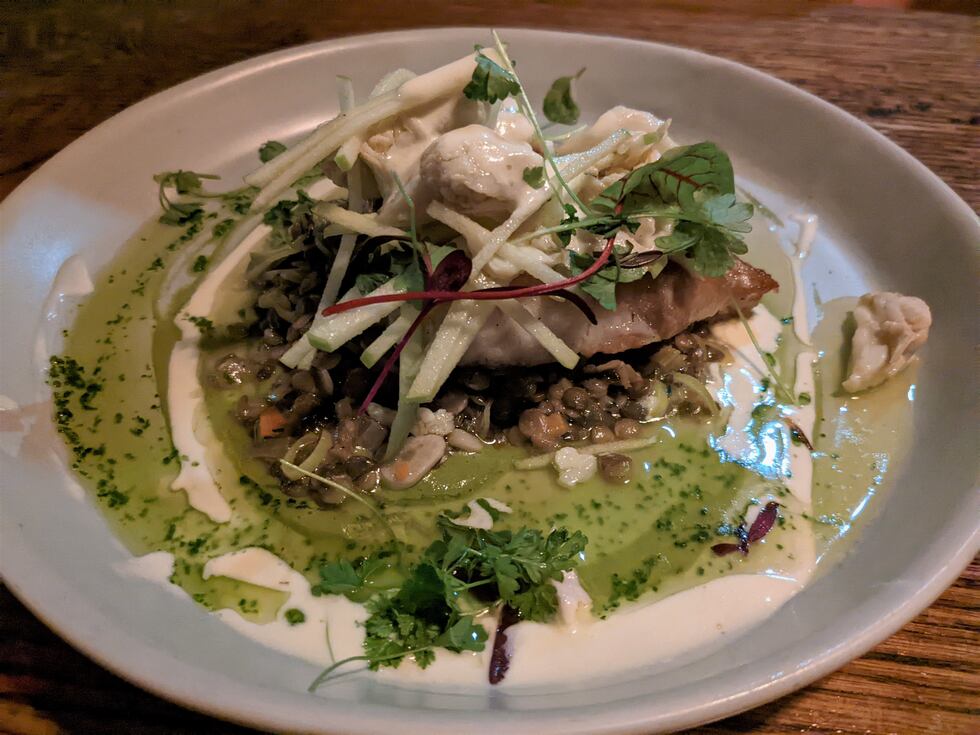 A beautiful cut of corvina fish allows this collection of flavors to take the lead. Lump blue...
