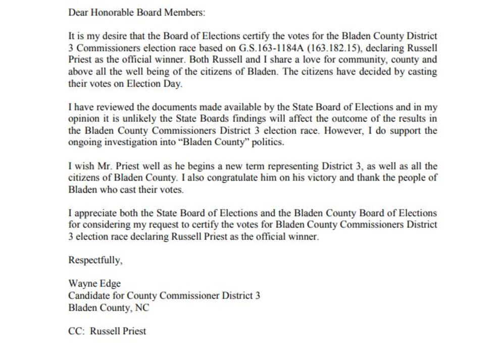 Wayne Edge wrote the NCSBE on Jan. 4 to express his support of certification in the race.