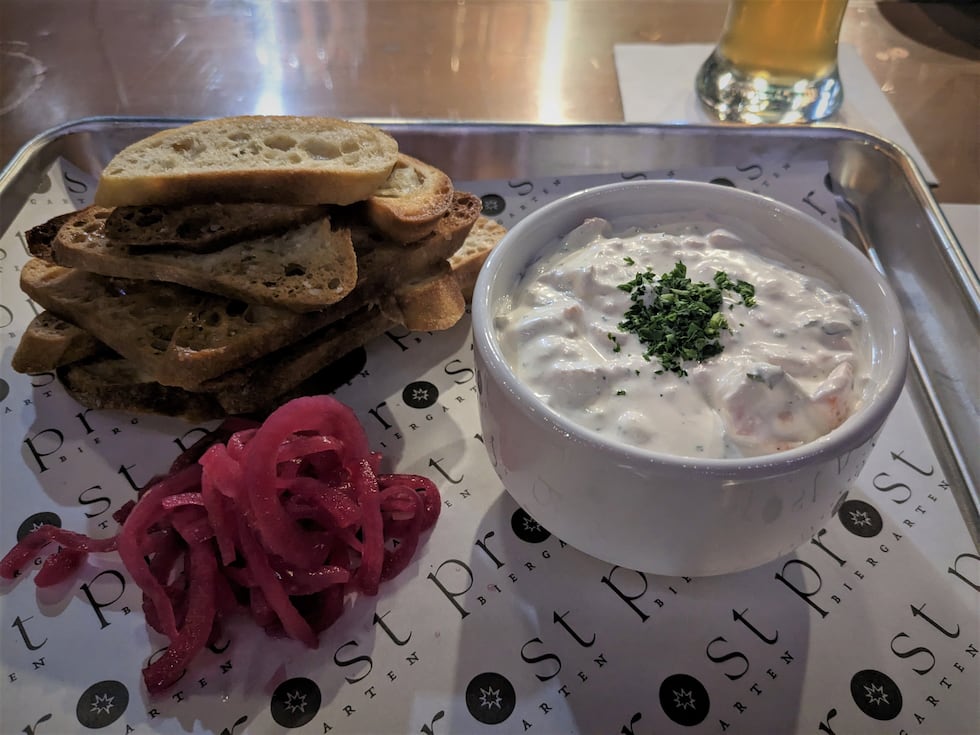 A wonderful creamy dip with plenty of smoked trout, the horseradish and housemade pickled red...