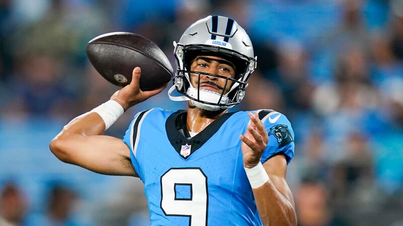Carolina Panthers quarterback Bryce Young passes against the Detroit Lions during the first...