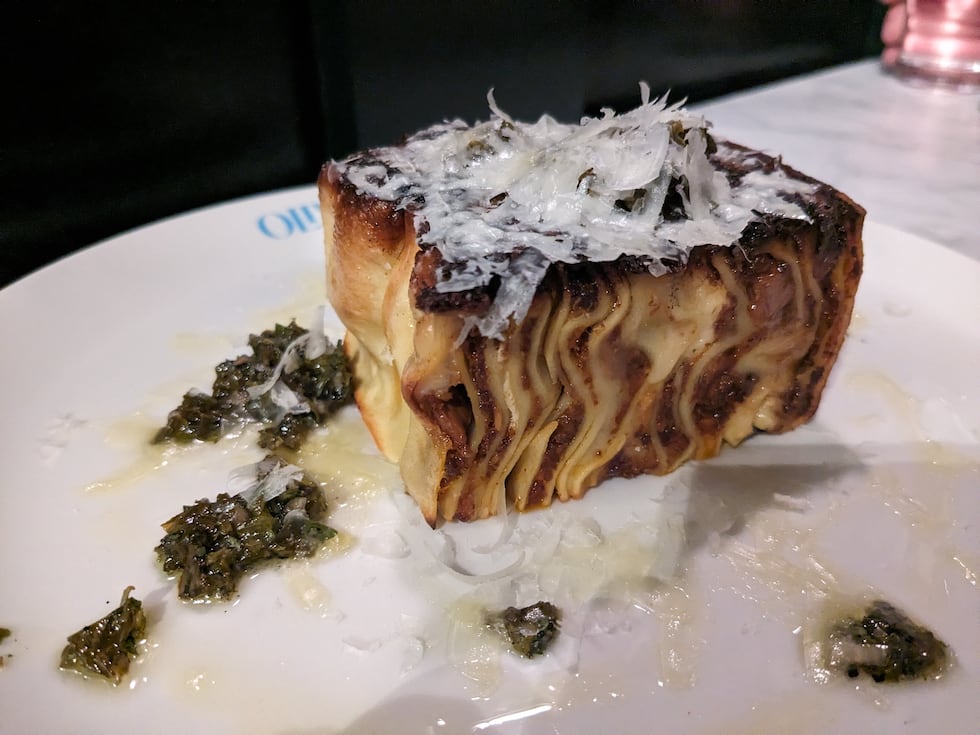 Not your nonna's lasagna, this creation features octopus bolognese, chorizo, and whipped ricotta.